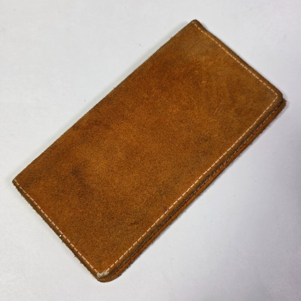 Vintage Brown Suede Leather Checkbook Cover Long Bifold Wallet Minimalist 70s